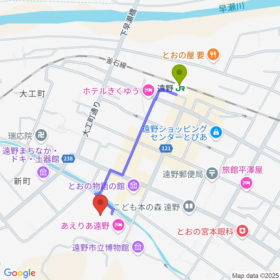 遠野市民センターの最寄駅遠野駅からの徒歩ルート（約8分）地図