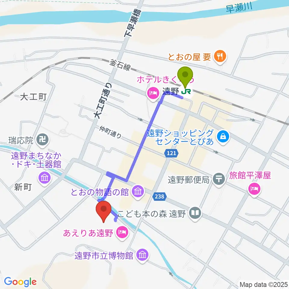 遠野市民センターの最寄駅遠野駅からの徒歩ルート（約8分）地図