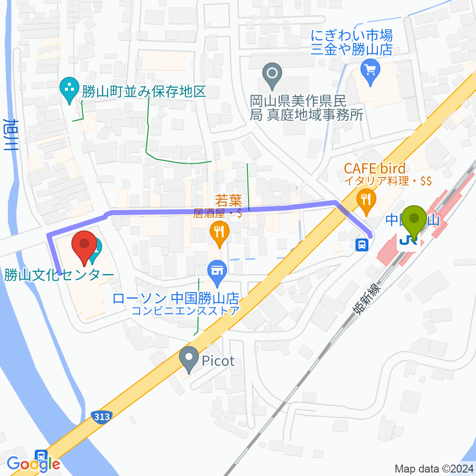 勝山文化センターの最寄駅中国勝山駅からの徒歩ルート（約5分）地図