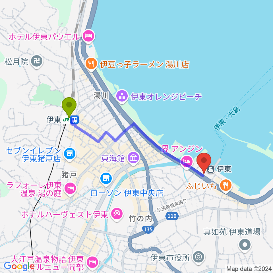 伊東市観光会館の最寄駅伊東駅からの徒歩ルート 約17分 Mdata