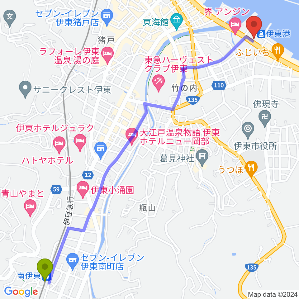南伊東駅から伊東市観光会館へのルートマップ地図