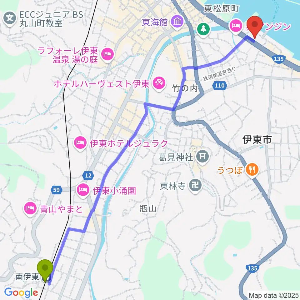 南伊東駅から伊東市観光会館へのルートマップ地図