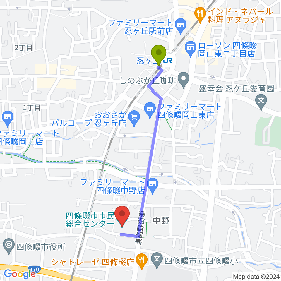 四條畷市市民総合センターの最寄駅忍ケ丘駅からの徒歩ルート（約9分）地図