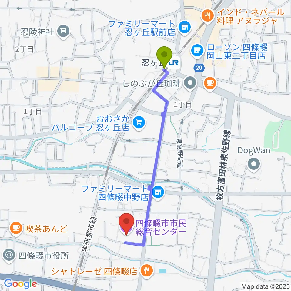 四條畷市市民総合センターの最寄駅忍ケ丘駅からの徒歩ルート（約9分）地図