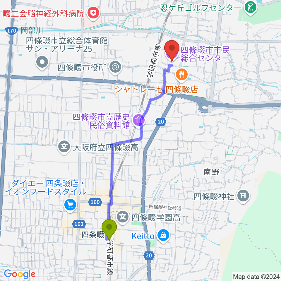 四条畷駅から四條畷市市民総合センターへのルートマップ - MDATA