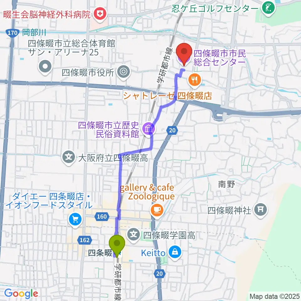 四条畷駅から四條畷市市民総合センターへのルートマップ地図