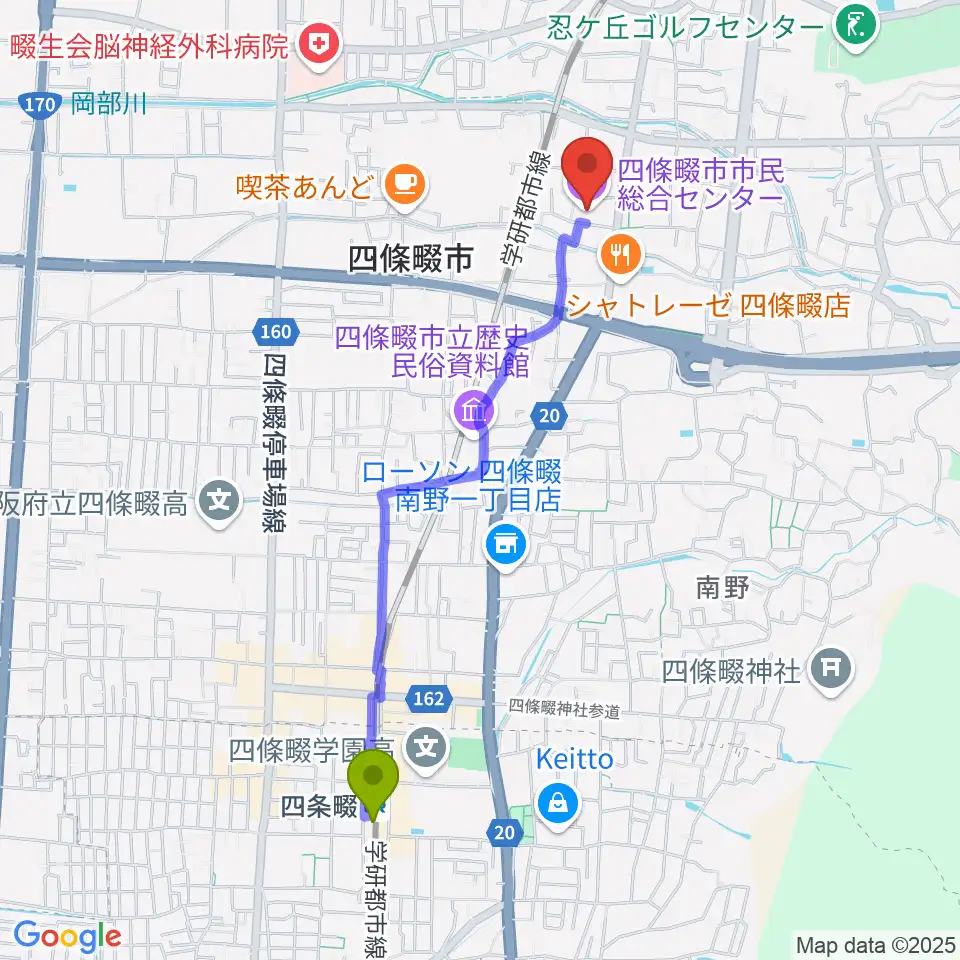 四条畷駅から四條畷市市民総合センターへのルートマップ地図