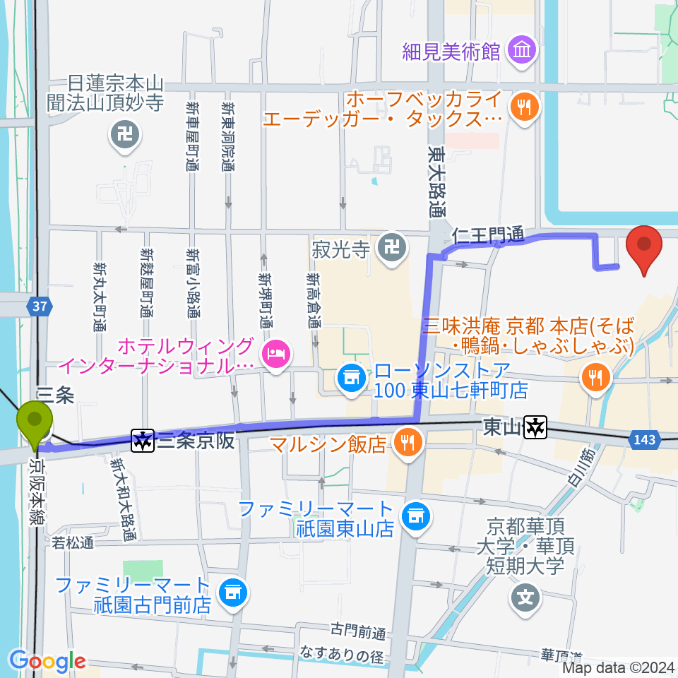 三条駅から京都観世会館へのルートマップ地図