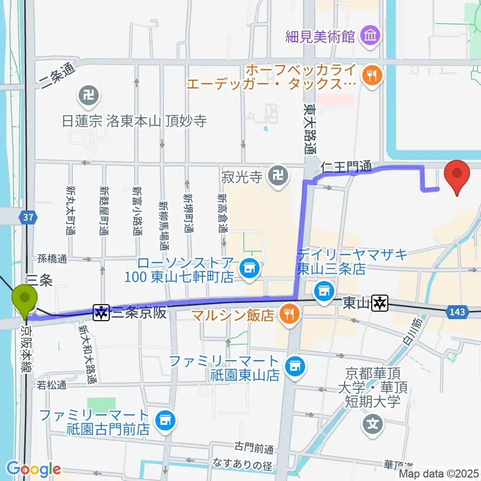 三条駅から京都観世会館へのルートマップ地図