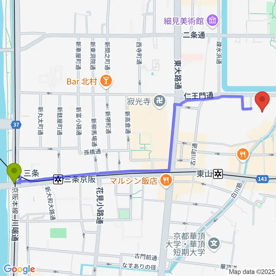 三条駅から京都観世会館へのルートマップ地図