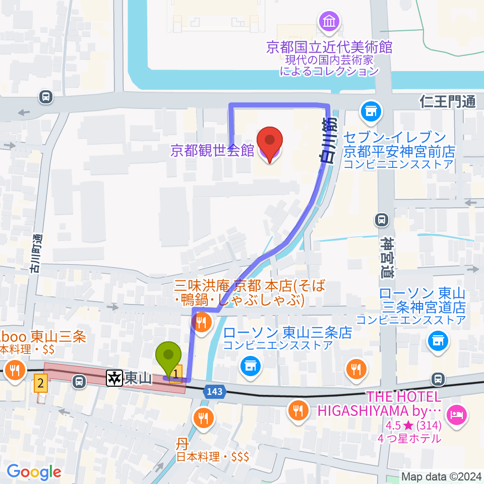 京都観世会館の最寄駅東山駅からの徒歩ルート（約4分）地図