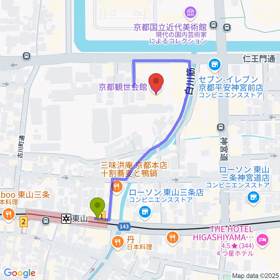 京都観世会館の最寄駅東山駅からの徒歩ルート（約4分）地図