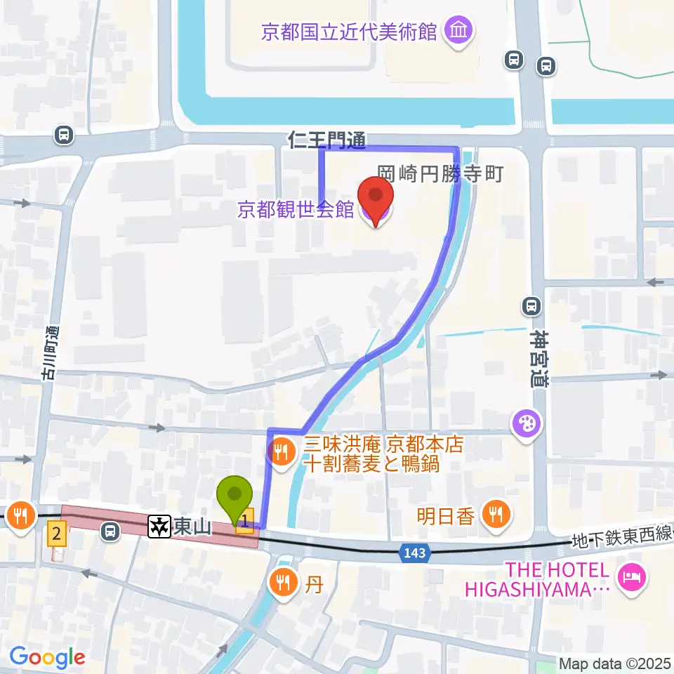京都観世会館の最寄駅東山駅からの徒歩ルート（約4分）地図