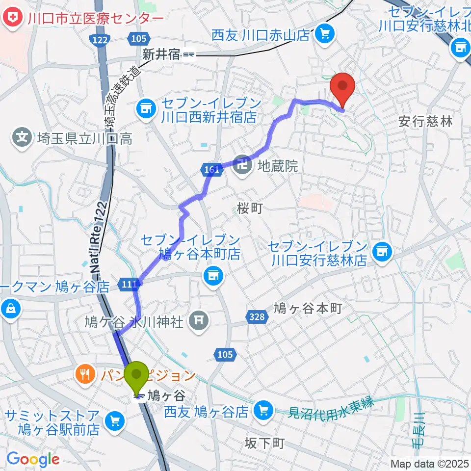 鳩ヶ谷駅からグリーンライト音楽教室へのルートマップ地図