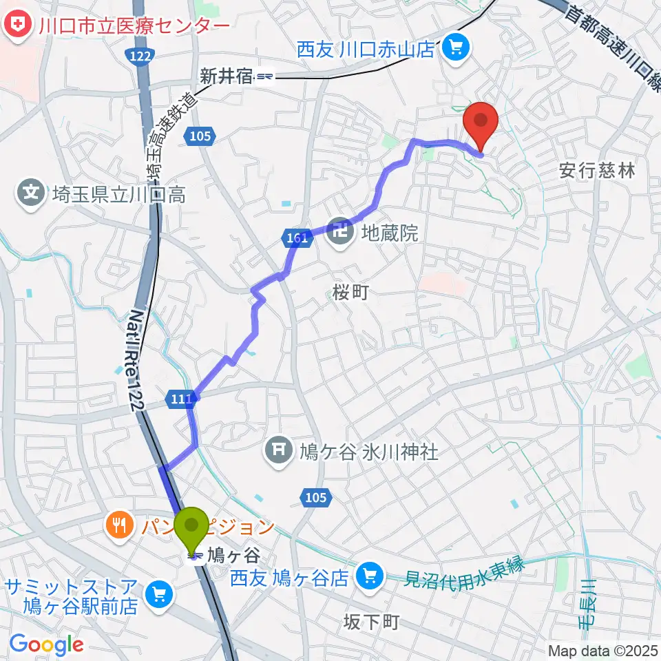 鳩ヶ谷駅からグリーンライト音楽教室へのルートマップ地図
