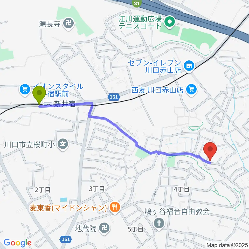 グリーンライト音楽教室の最寄駅新井宿駅からの徒歩ルート（約11分）地図