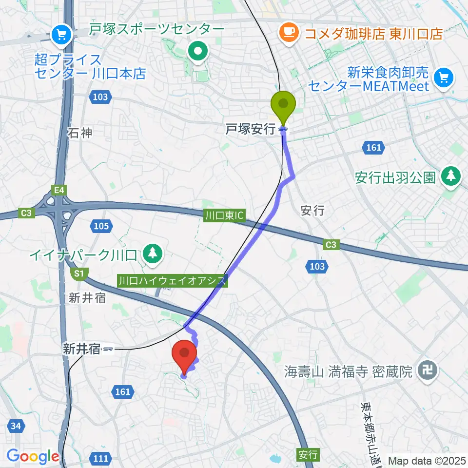 戸塚安行駅からグリーンライト音楽教室へのルートマップ地図