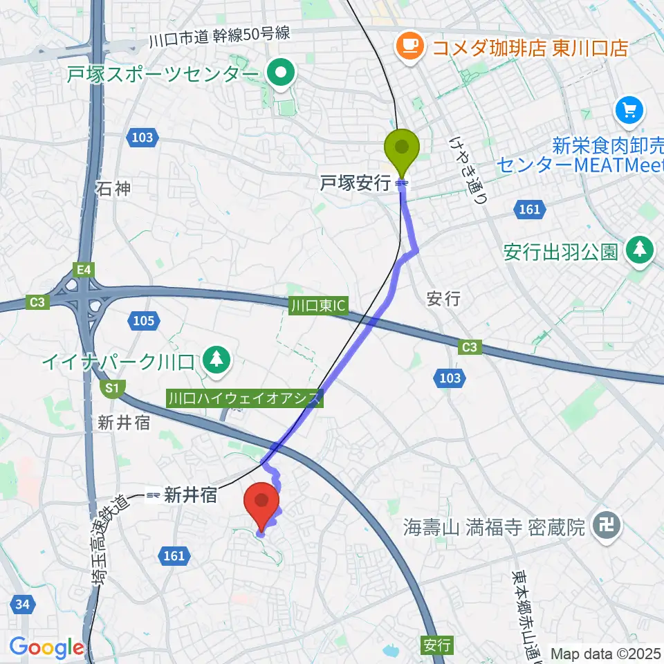 戸塚安行駅からグリーンライト音楽教室へのルートマップ地図