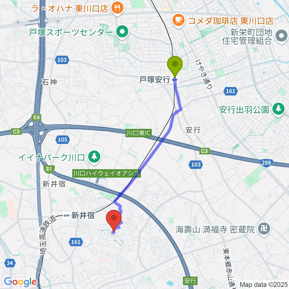 戸塚安行駅からグリーンライト音楽教室へのルートマップ地図