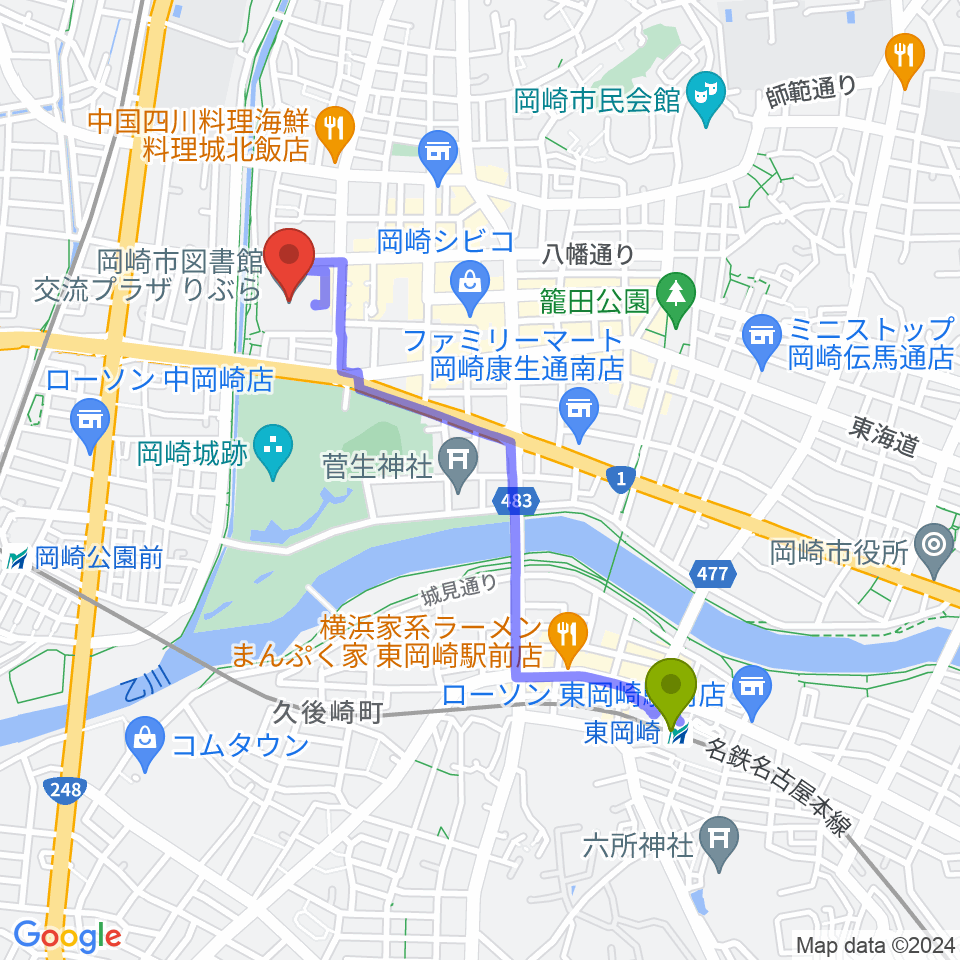 東岡崎駅から岡崎市図書館交流プラザ りぶらへのルートマップ地図