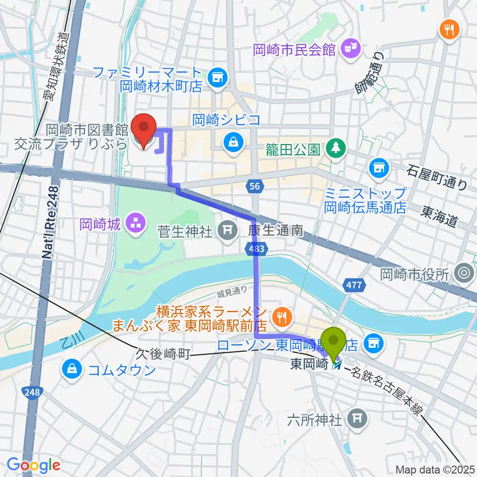 東岡崎駅から岡崎市図書館交流プラザ りぶらへのルートマップ地図