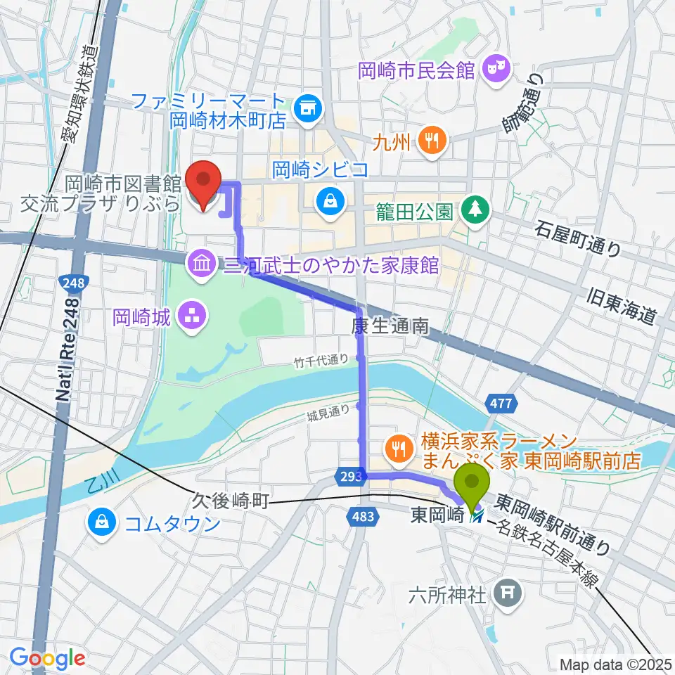 東岡崎駅から岡崎市図書館交流プラザ りぶらへのルートマップ地図