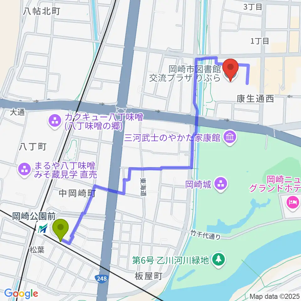 岡崎市図書館交流プラザ りぶらの最寄駅岡崎公園前駅からの徒歩ルート（約12分）地図