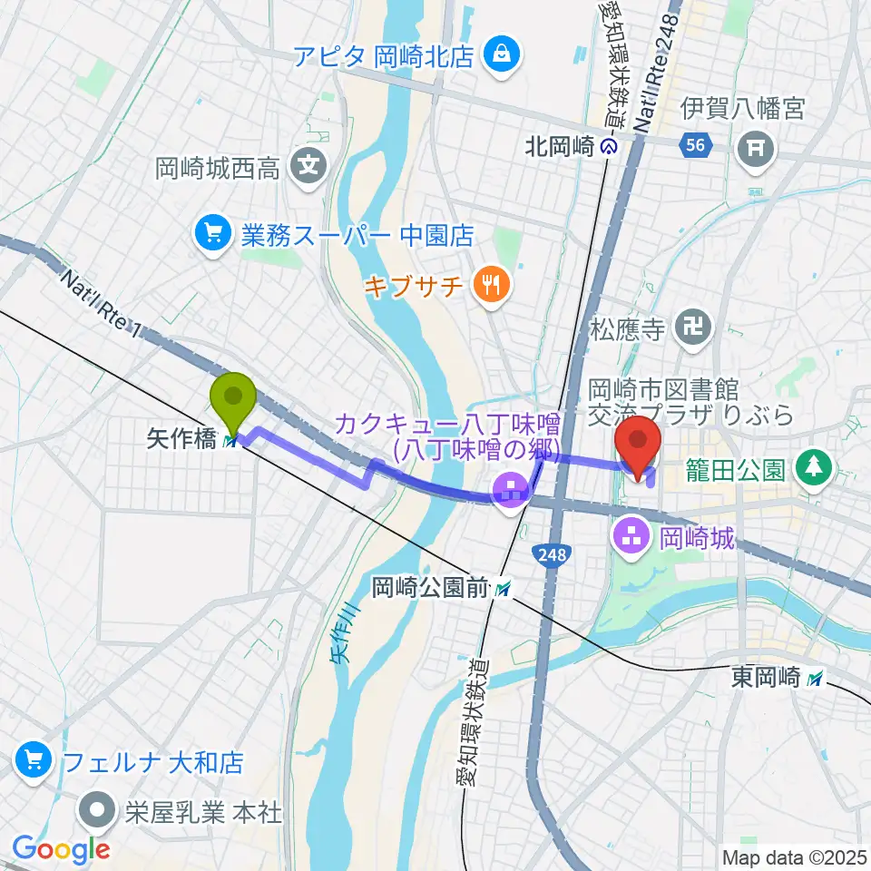 矢作橋駅から岡崎市図書館交流プラザ りぶらへのルートマップ地図