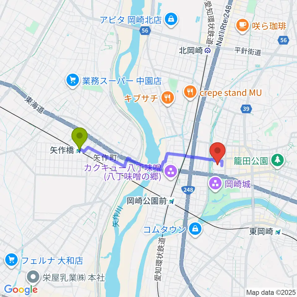 矢作橋駅から岡崎市図書館交流プラザ りぶらへのルートマップ地図