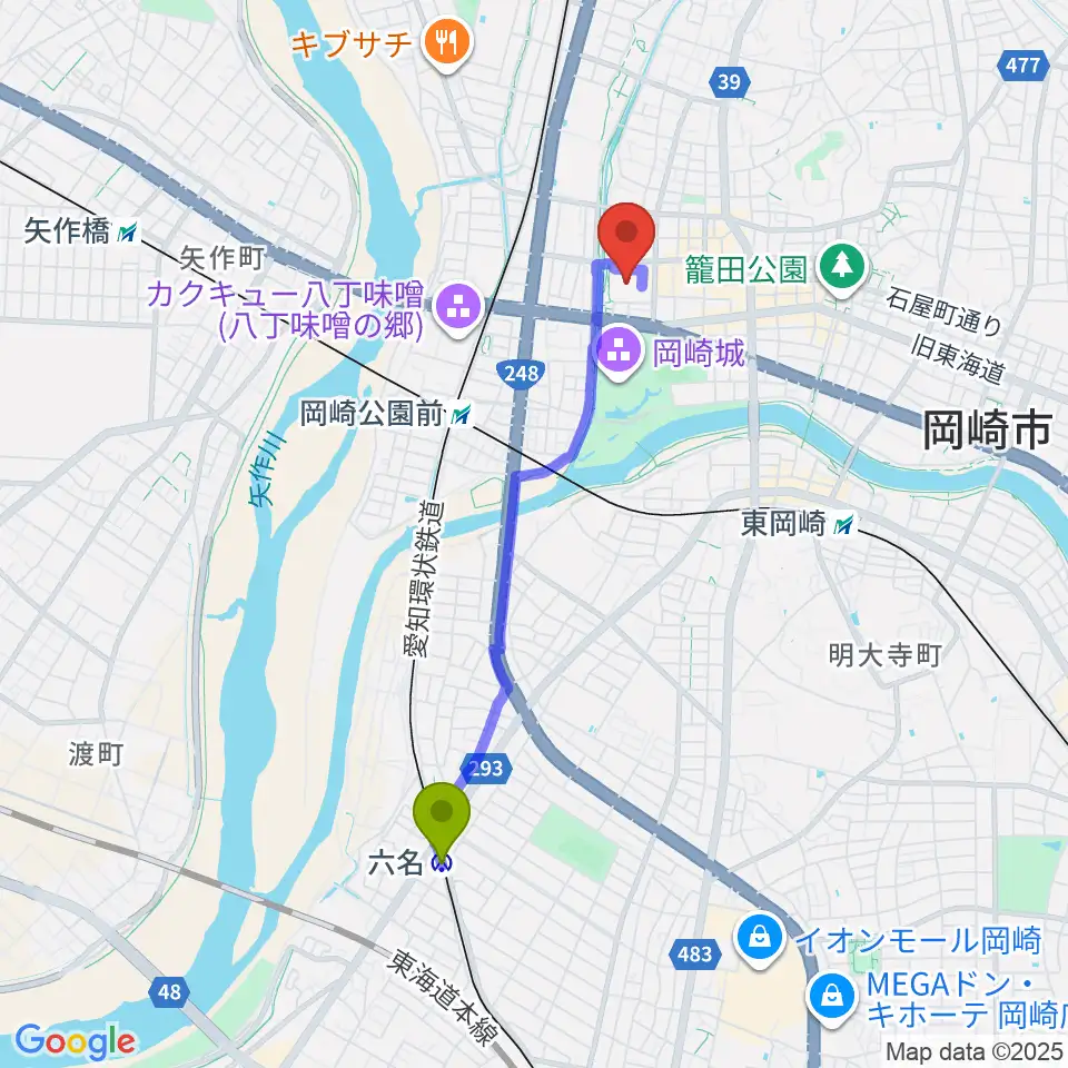 六名駅から岡崎市図書館交流プラザ りぶらへのルートマップ地図