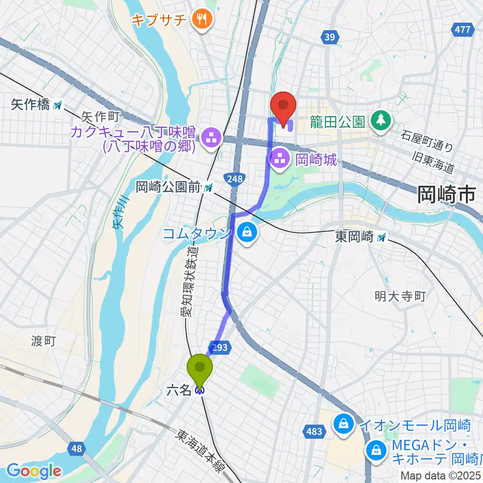 六名駅から岡崎市図書館交流プラザ りぶらへのルートマップ地図