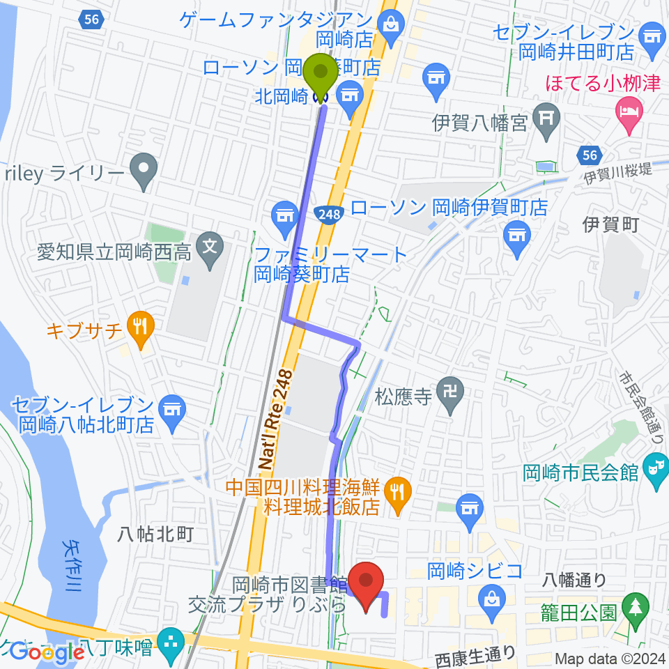 北岡崎駅から岡崎市図書館交流プラザ りぶらへのルートマップ地図