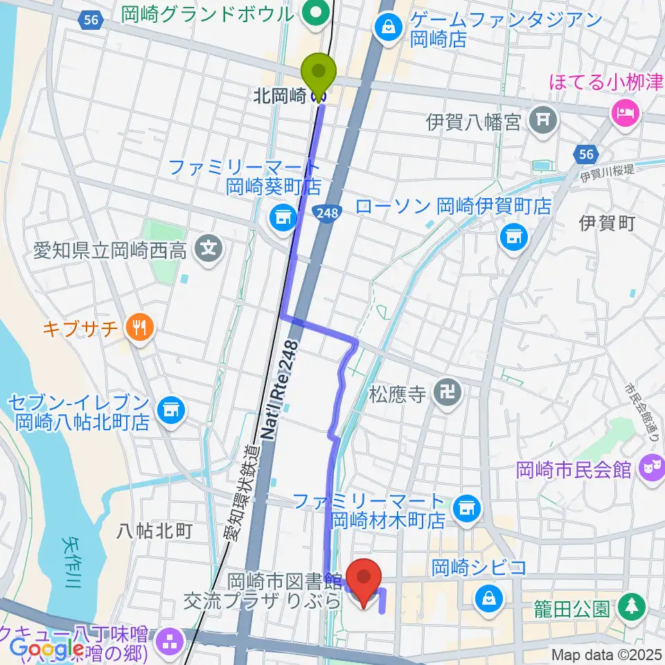 北岡崎駅から岡崎市図書館交流プラザ りぶらへのルートマップ地図