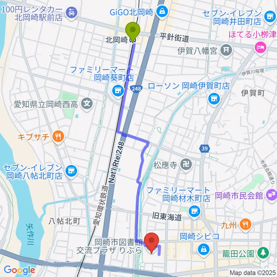 北岡崎駅から岡崎市図書館交流プラザ りぶらへのルートマップ地図