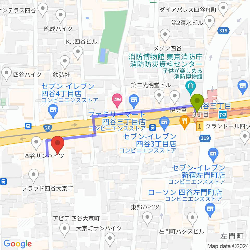 韓国文化院ハンマダンホールの最寄駅四谷三丁目駅からの徒歩ルート（約5分）地図