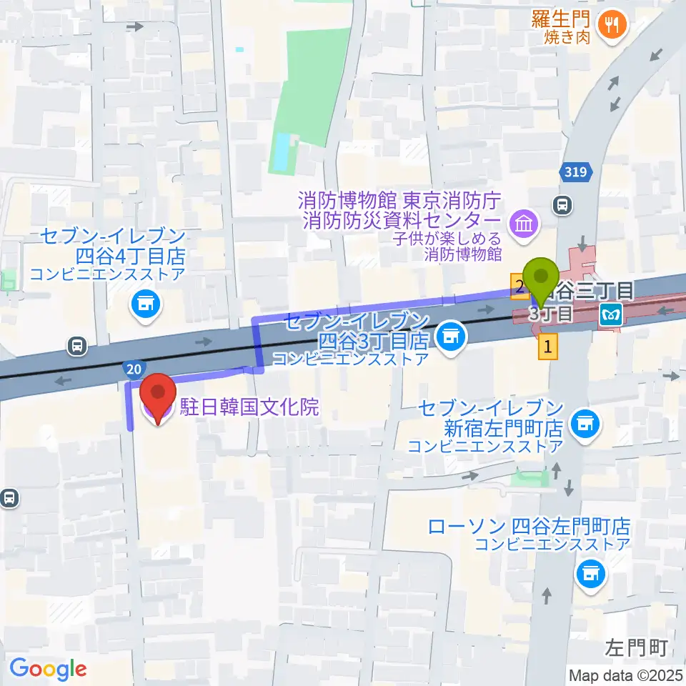 韓国文化院ハンマダンホールの最寄駅四谷三丁目駅からの徒歩ルート（約5分）地図