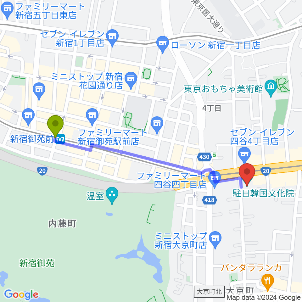 新宿御苑前駅から韓国文化院ハンマダンホールへのルートマップ地図