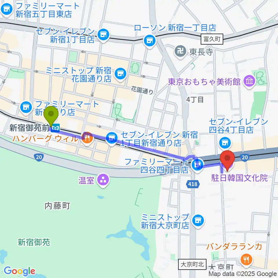 新宿御苑前駅から韓国文化院ハンマダンホールへのルートマップ地図