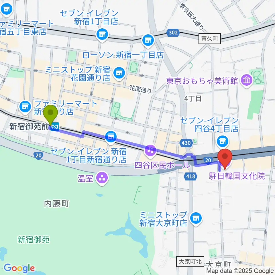 新宿御苑前駅から韓国文化院ハンマダンホールへのルートマップ地図