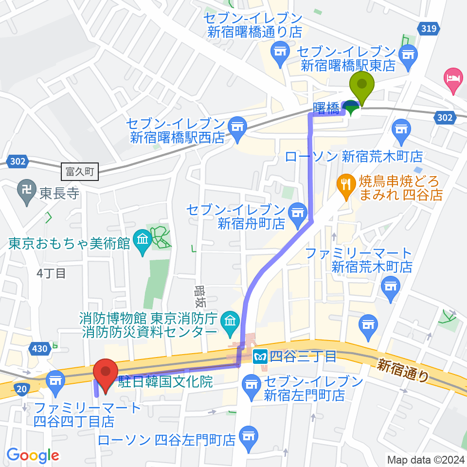 曙橋駅から韓国文化院ハンマダンホールへのルートマップ地図