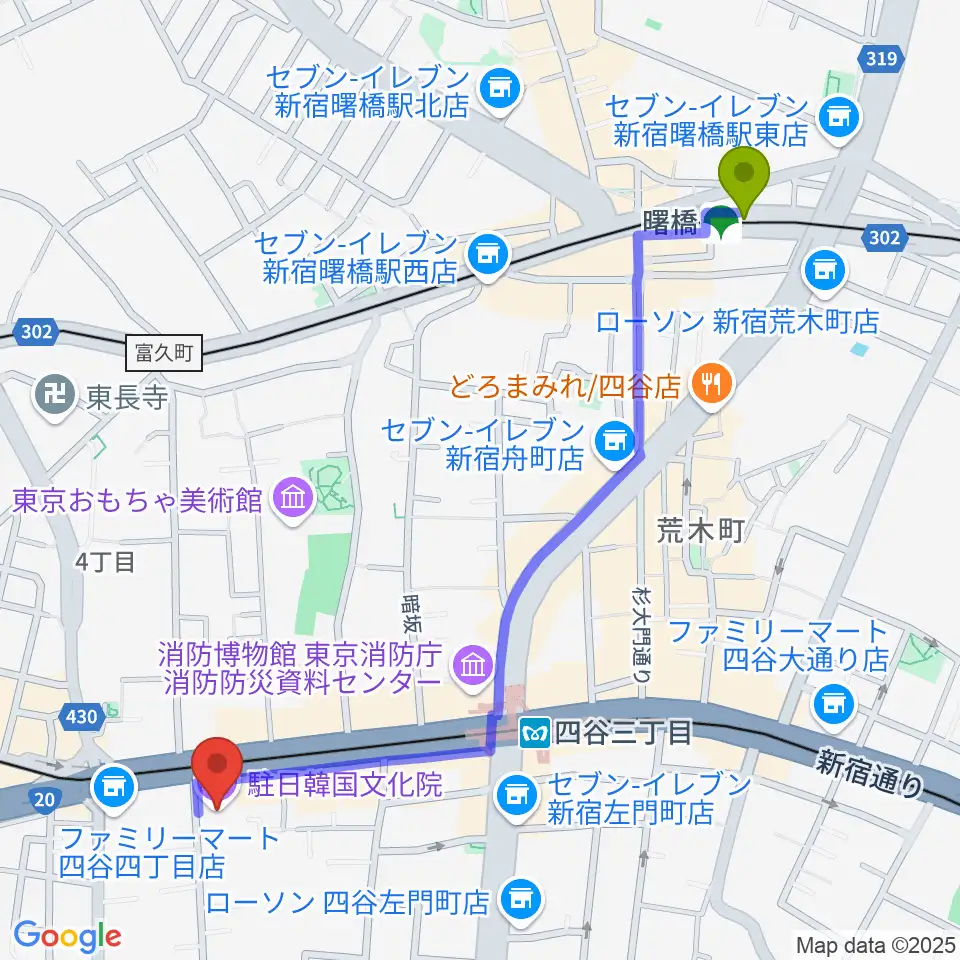 曙橋駅から韓国文化院ハンマダンホールへのルートマップ地図