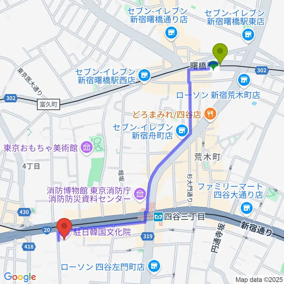 曙橋駅から韓国文化院ハンマダンホールへのルートマップ地図
