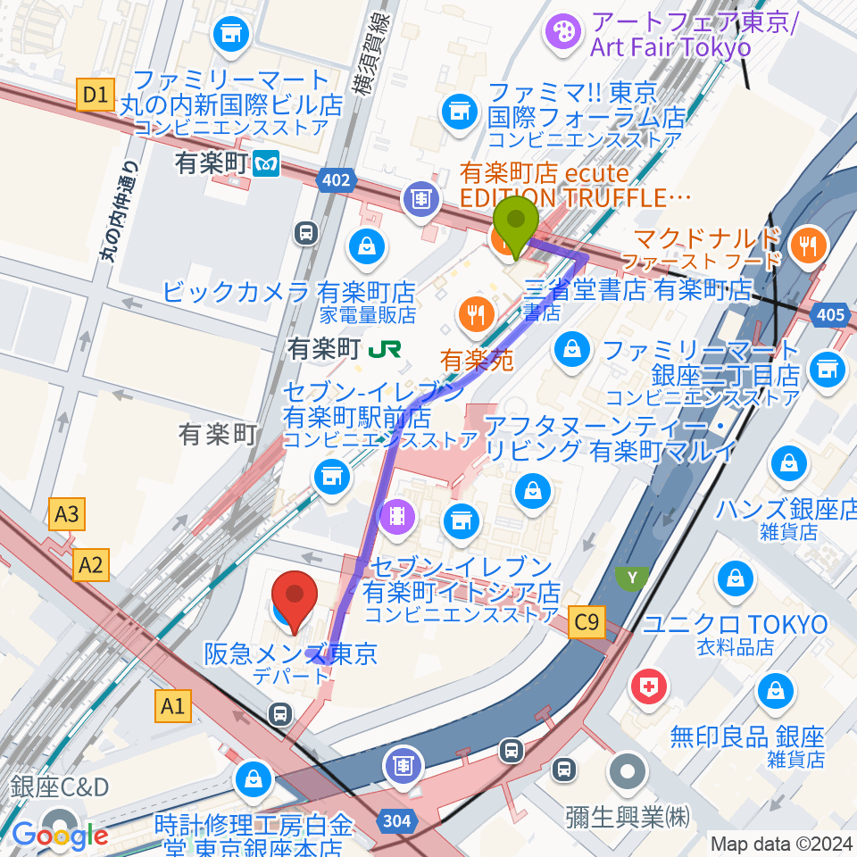 有楽町駅からプラネタリアTOKYOへのルートマップ地図