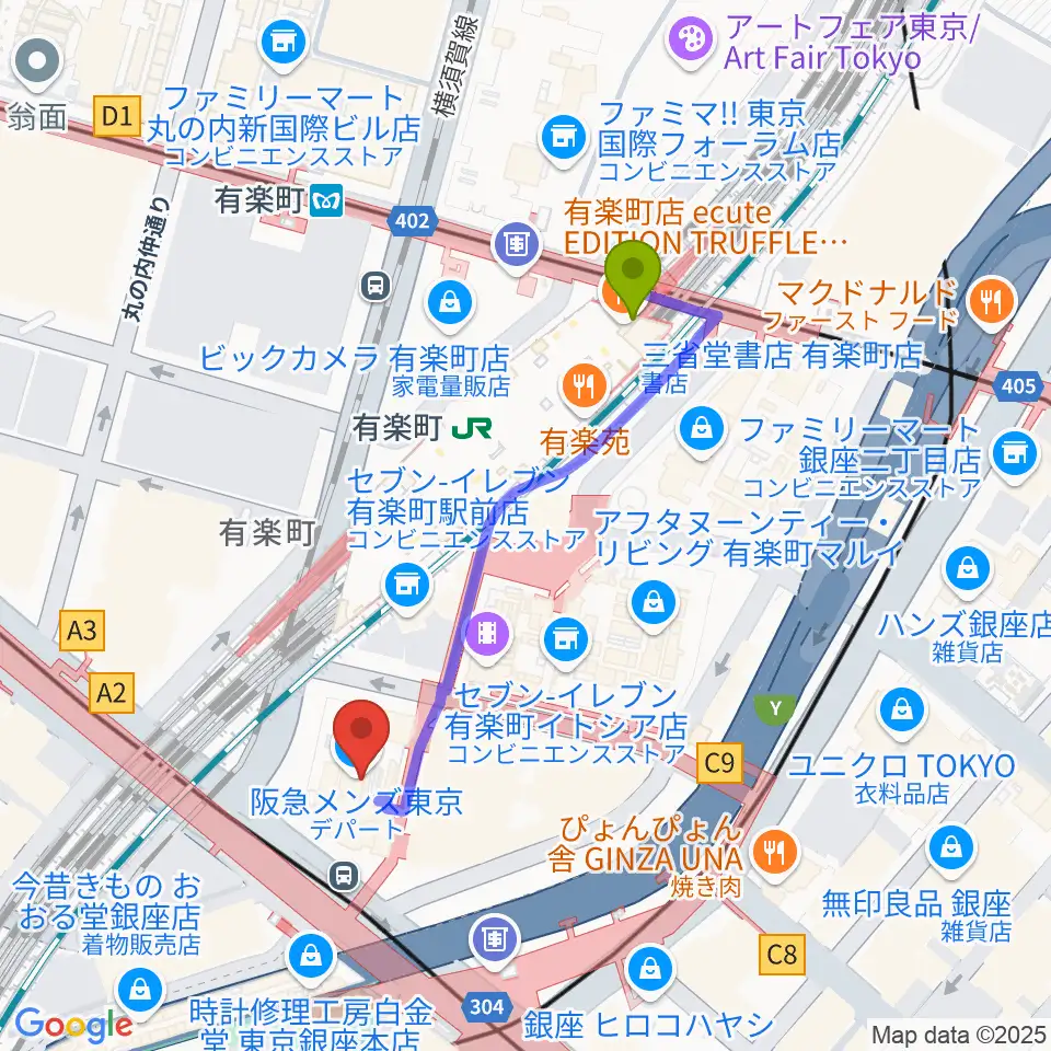 有楽町駅からプラネタリアTOKYOへのルートマップ地図