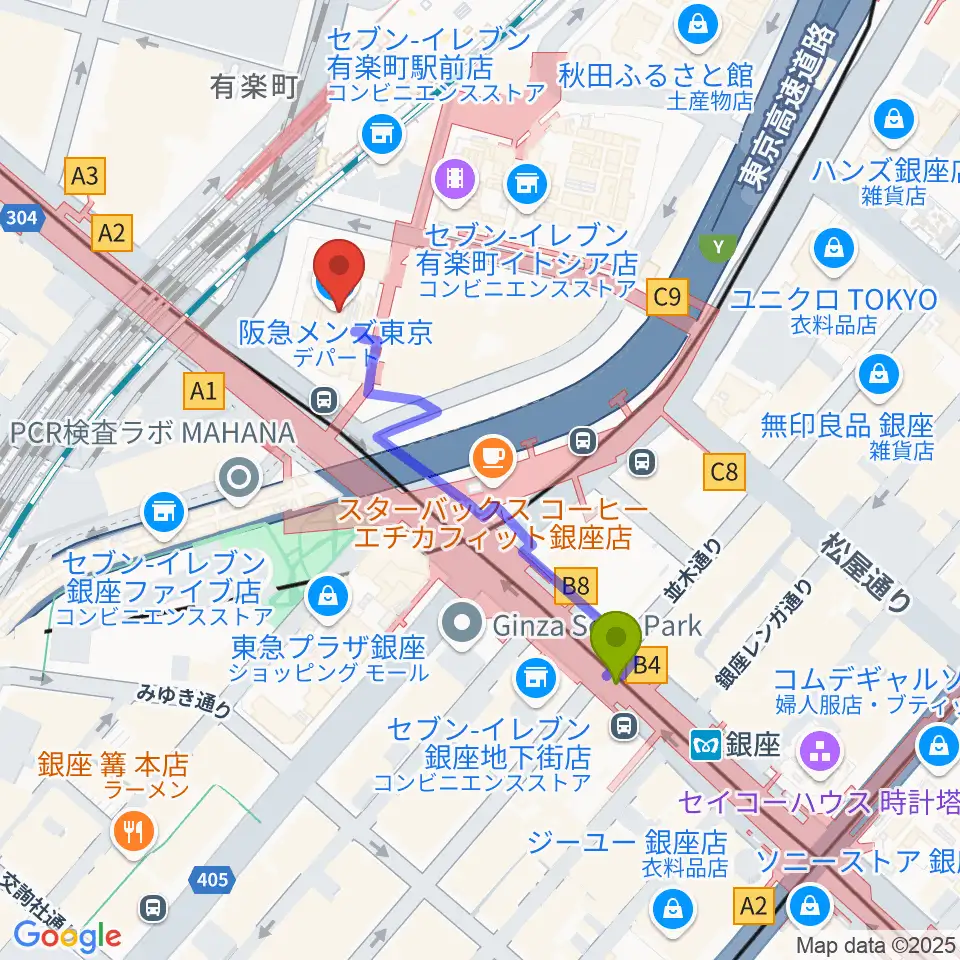 プラネタリアTOKYOの最寄駅銀座駅からの徒歩ルート（約4分）地図