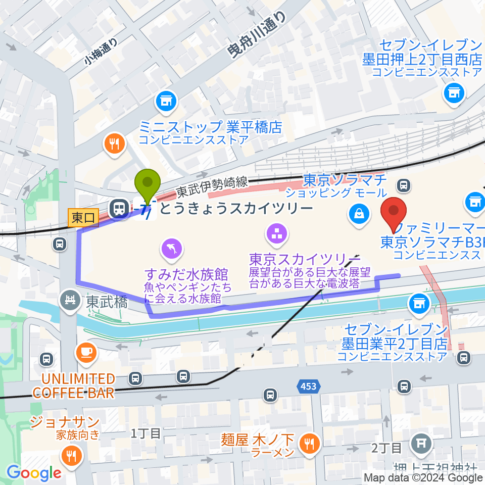 とうきょうスカイツリー駅からプラネタリウム天空へのルートマップ地図