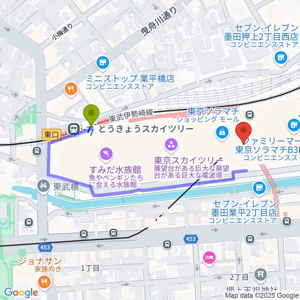 とうきょうスカイツリー駅からプラネタリウム天空へのルートマップ地図