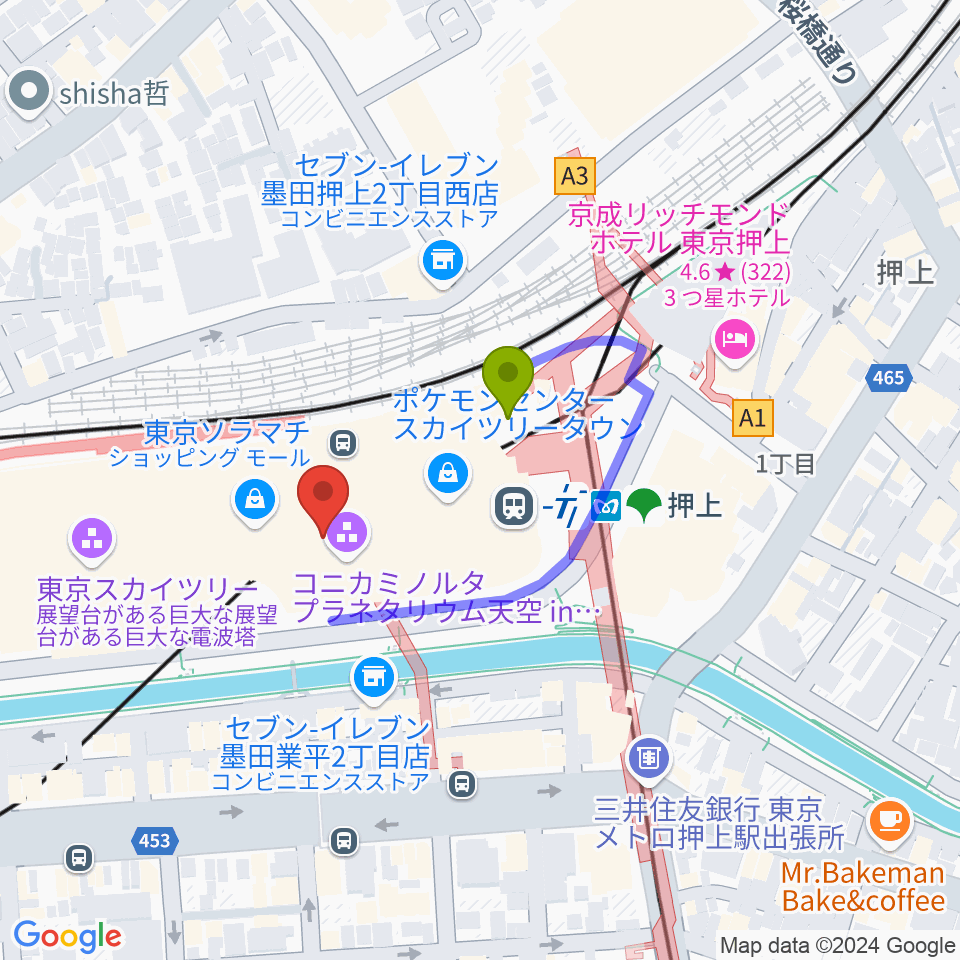 プラネタリウム天空の最寄駅押上〈スカイツリー前〉駅からの徒歩ルート（約2分）地図