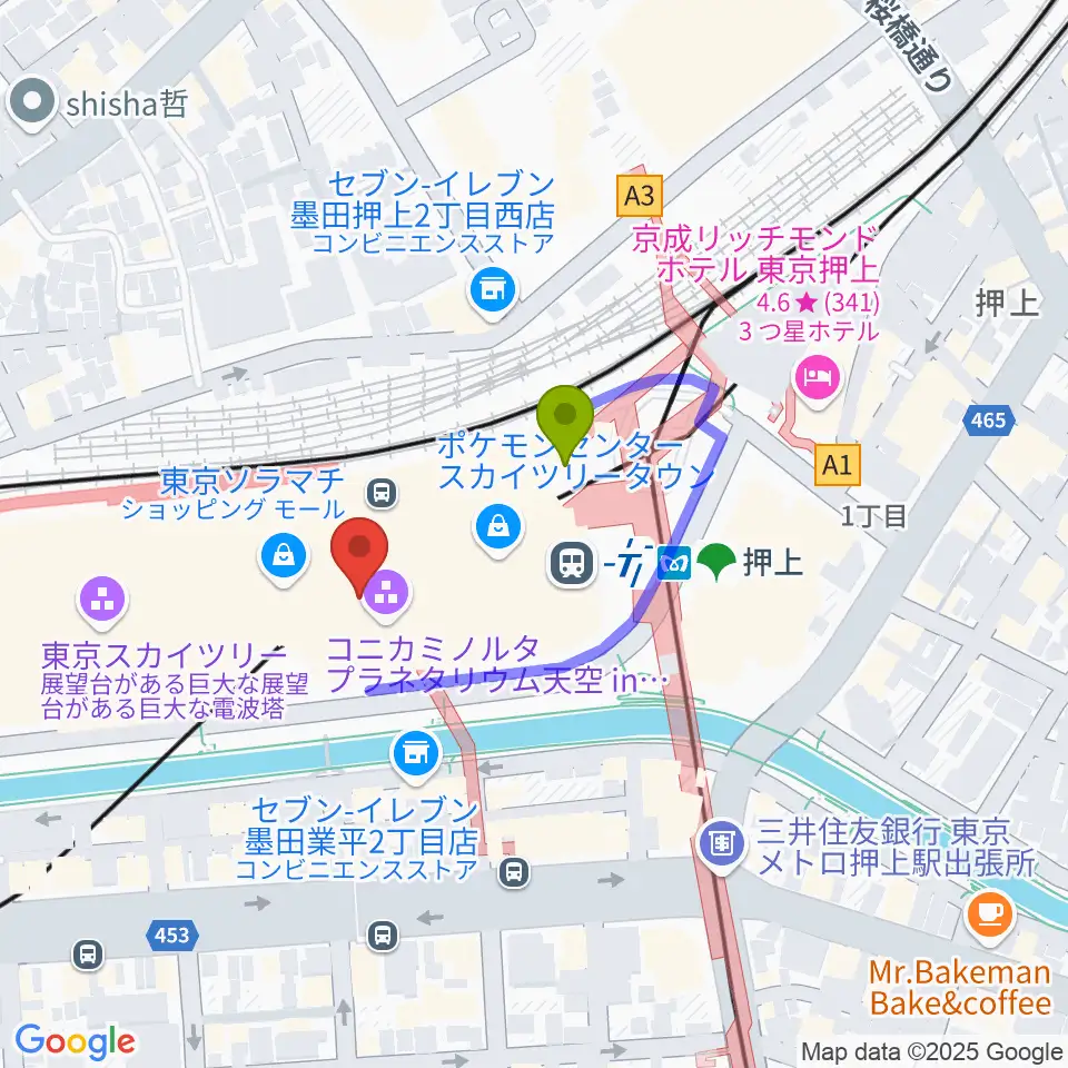 プラネタリウム天空の最寄駅押上〈スカイツリー前〉駅からの徒歩ルート（約2分）地図