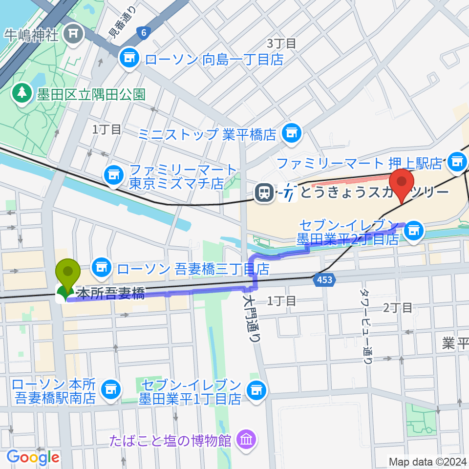 本所吾妻橋駅からプラネタリウム天空へのルートマップ地図